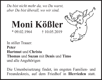 Traueranzeige von Moni Kößler von Illertal Bote