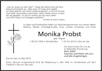 Traueranzeige von Monika Probst von Hohenloher Tagblatt