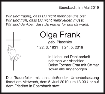 Traueranzeige von Olga Frank von NWZ Neue Württembergische Zeitung