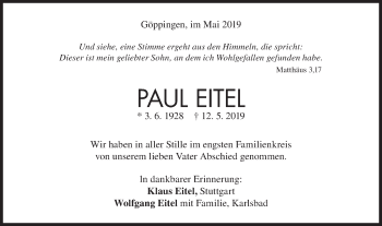 Traueranzeige von Paul Eitel von NWZ Neue Württembergische Zeitung