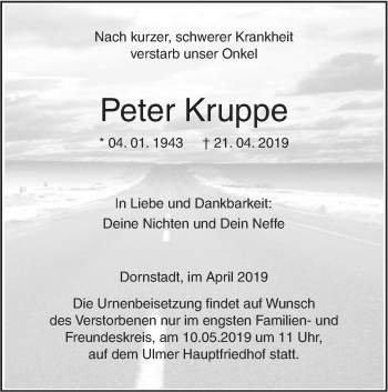 Traueranzeige von Peter Kruppe von SÜDWEST PRESSE Ausgabe Ulm/Neu-Ulm