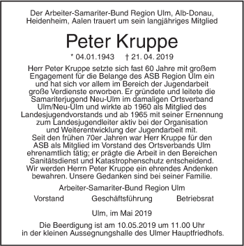 Traueranzeige von Peter Kruppe von SÜDWEST PRESSE Ausgabe Ulm/Neu-Ulm