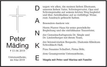 Traueranzeige von Peter Mäding von Haller Tagblatt