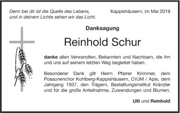 Traueranzeige von Reinhold Schur von Metzinger-Uracher Volksblatt