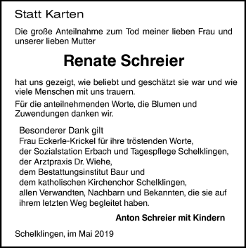 Traueranzeige von Renate Schreier von Ehinger Tagblatt