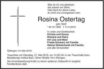 Traueranzeige von Rosina Ostertag von Ehinger Tagblatt