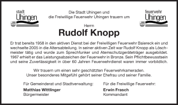 Traueranzeige von Rudolf Knopp von NWZ Neue Württembergische Zeitung