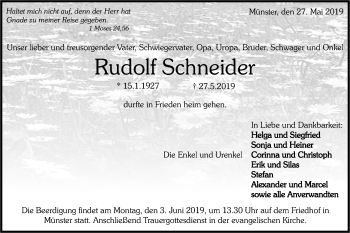 Traueranzeige von Rudolf Schneider von Rundschau Gaildorf