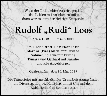 Traueranzeige von Rudolf Rudi Loos von SÜDWEST PRESSE Ausgabe Ulm/Neu-Ulm