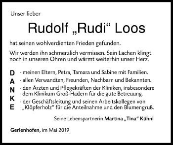 Traueranzeige von Rudolf Rudi Loos von SÜDWEST PRESSE Ausgabe Ulm/Neu-Ulm