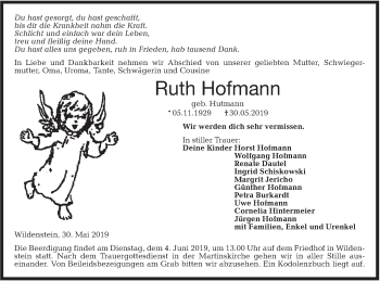 Traueranzeige von Ruth Hofmann von Hohenloher Tagblatt