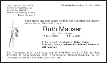 Traueranzeige von Ruth Mauser von Haller Tagblatt