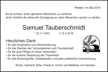 Traueranzeige von Samuel Tauberschmidt von Haller Tagblatt