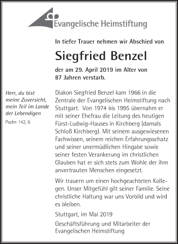 Traueranzeige von Siegfried Benzel von Hohenloher Tagblatt