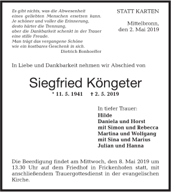 Traueranzeige von Siegfried Köngeter von Rundschau Gaildorf