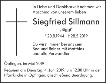 Traueranzeige von Siegfried Sillmann von Ehinger Tagblatt