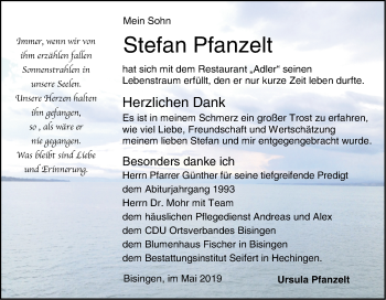 Traueranzeige von Stefan Pfanzelt von Hohenzollerische Zeitung