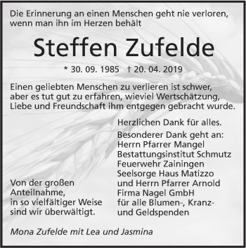 Traueranzeige von Steffen Zufelde von Alb-Bote/Metzinger-Uracher Volksblatt