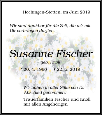 Traueranzeige von Susanne Fischer von Hohenzollerische Zeitung