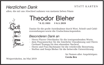 Traueranzeige von Theodor Bleher von Hohenloher Tagblatt