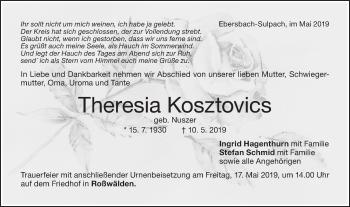 Traueranzeige von Theresia Kosztovics von NWZ Neue Württembergische Zeitung