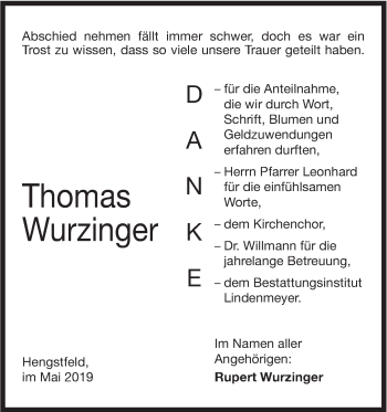 Traueranzeige von Thomas Wurzinger von Hohenloher Tagblatt