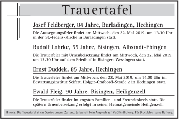 Traueranzeige von Totentafel vom 20.05.2019 von Hohenzollerische Zeitung