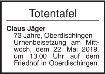 Traueranzeige von Totentafel vom 20.05.2019 von Ehinger Tagblatt