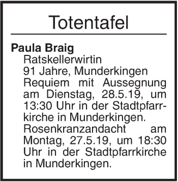 Traueranzeige von Totentafel vom 25.05.2019 von Ehinger Tagblatt