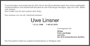 Traueranzeige von Uwe Linsner von Hohenloher Tagblatt