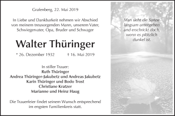 Traueranzeige von Walter Thüringer von Metzinger-Uracher Volksblatt