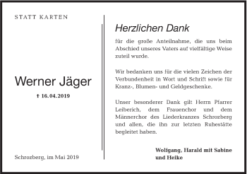 Traueranzeige von Werner Jäger von Hohenloher Tagblatt