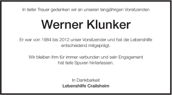 Traueranzeige von Werner Klunker von Hohenloher Tagblatt