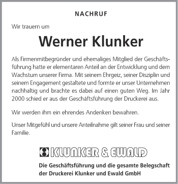 Traueranzeige von Werner Klunker von Hohenloher Tagblatt