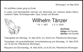 Traueranzeige von Wilhelm Tänzer von NWZ Neue Württembergische Zeitung