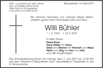 Traueranzeige von Willi Bühler von Geislinger Zeitung