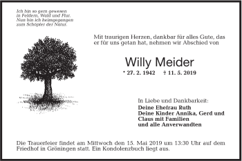 Traueranzeige von Willy Meider von Hohenloher Tagblatt