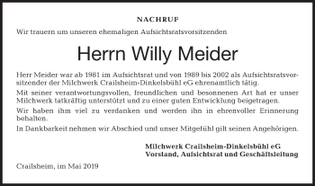 Traueranzeige von Willy Meider von Hohenloher Tagblatt