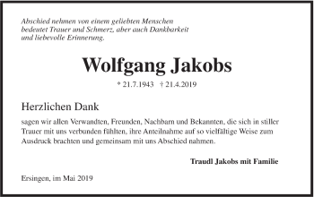 Traueranzeige von Wolfgang Jakobs von SÜDWEST PRESSE Ausgabe Ulm/Neu-Ulm