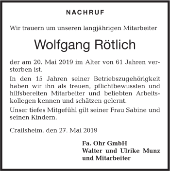 Traueranzeige von Wolfgang Rötlich von Hohenloher Tagblatt