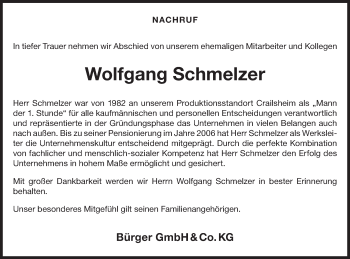 Traueranzeige von Wolfgang Schmelzer von Hohenloher Tagblatt