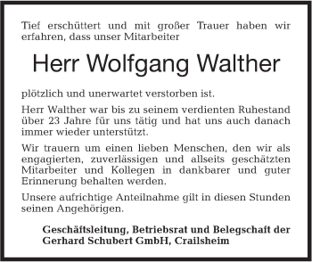 Traueranzeige von Wolfgang Walther von Hohenloher Tagblatt