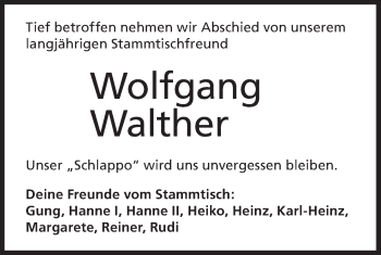 Traueranzeige von Wolfgang Walther von Hohenloher Tagblatt