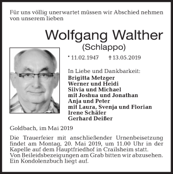 Traueranzeige von Wolfgang Walther von Hohenloher Tagblatt