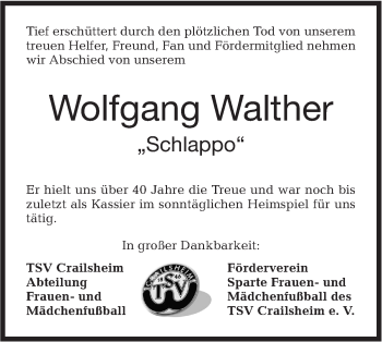 Traueranzeige von Wolfgang Walther von Hohenloher Tagblatt