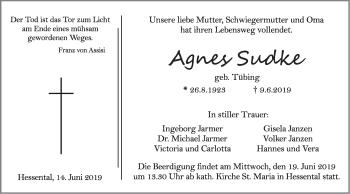 Traueranzeige von Agnes Sudke von Haller Tagblatt