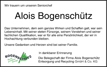 Traueranzeige von Alois Bogenschütz von Hohenzollerische Zeitung