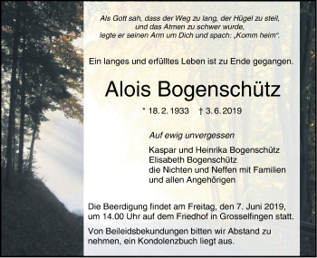 Traueranzeige von Alois Bogenschütz von Hohenzollerische Zeitung