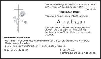 Traueranzeige von Anna Daam von Illertal Bote