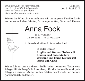 Traueranzeige von Anna Fock von Haller Tagblatt